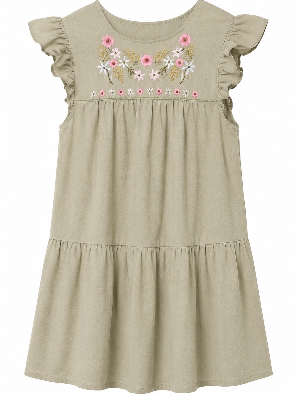 Ladies Sage Green Floral Embroidered Ruffle Dress
